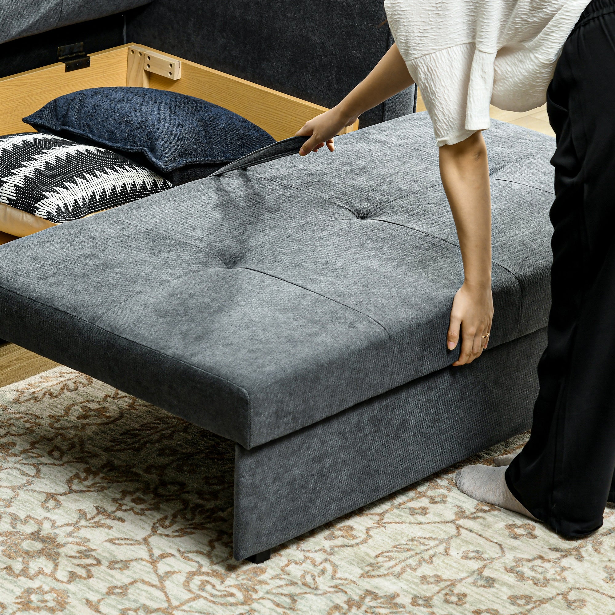 HOMCOM 2 Seater Sofa Bed, Convertible Bed Settee, Modern Velvet Loveseat Sofa Couch with 2 Cushions, Hidden Storage for Living Room, Guest Room, Dark Grey